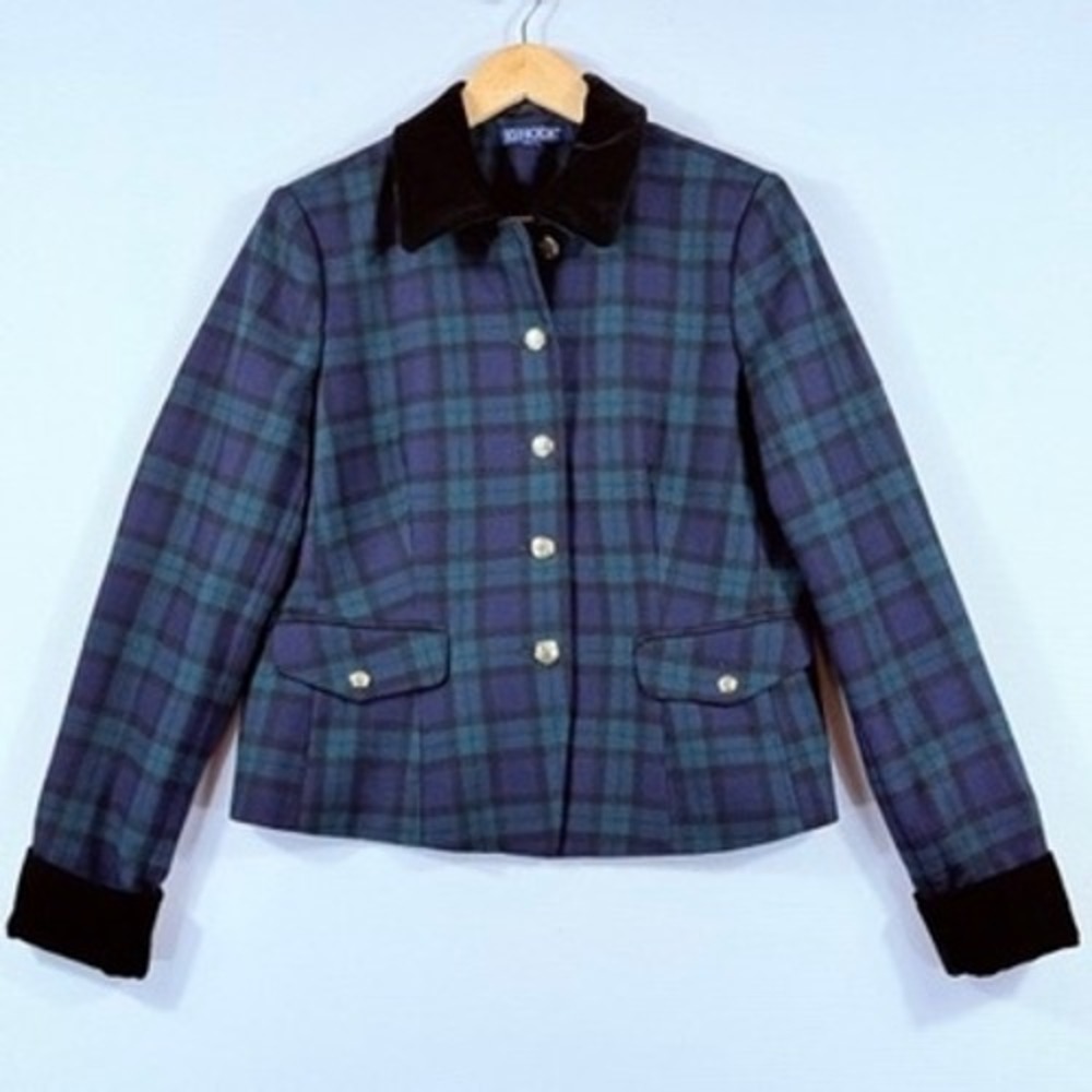 JG Hook Plaid Blazer Women 12 Blue Green Velvet Trim Collegiate Office Preppy